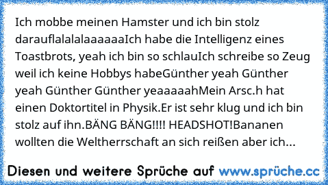 Ich mobbe meinen Hamster und ich bin stolz darauf
lalalalaaaaaa
Ich habe die Intelligenz eines Toastbrots, yeah ich bin so schlau
Ich schreibe so Zeug weil ich keine Hobbys habe
Günther yeah Günther yeah Günther Günther yeaaaaah
Mein Arsc.h hat einen Doktortitel in Physik.
Er ist sehr klug und ich bin stolz auf ihn.
BÄNG BÄNG!!!! HEADSHOT!
Bananen wollten die Weltherrschaft an sich reißen aber ...