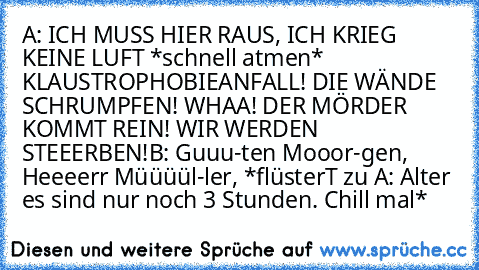 A: ICH MUSS HIER RAUS, ICH KRIEG KEINE LUFT *schnell atmen* KLAUSTROPHOBIEANFALL! DIE WÄNDE SCHRUMPFEN! WHAA! DER MÖRDER KOMMT REIN! WIR WERDEN STEEERBEN!
B: Guuu-ten Mooor-gen, Heeeerr Müüüül-ler, *flüsterT zu A: Alter es sind nur noch 3 Stunden. Chill mal*