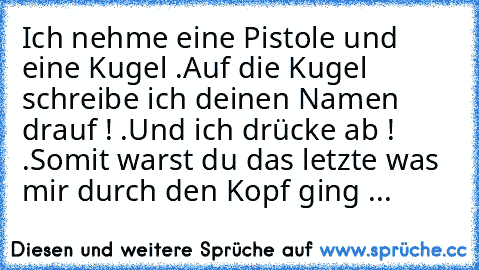 Ich nehme eine Pistole und eine Kugel .
Auf die Kugel schreibe ich deinen Namen drauf ! .
Und ich drücke ab ! .
Somit warst du das letzte was mir durch den Kopf ging ...