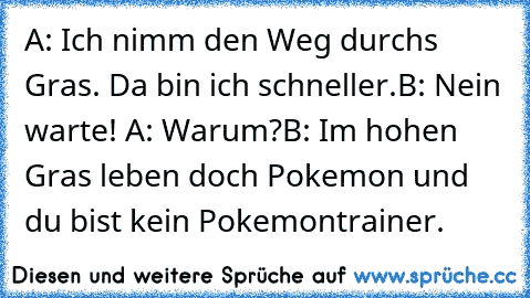 A: Ich nimm den Weg durchs Gras. Da bin ich schneller.
B: Nein warte! 
A: Warum?
B: Im hohen Gras leben doch Pokemon und du bist kein Pokemontrainer.