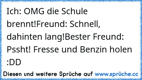 Ich: OMG die Schule brennt!
Freund: Schnell, dahinten lang!
Bester Freund: Pssht! Fresse und Benzin holen :DD