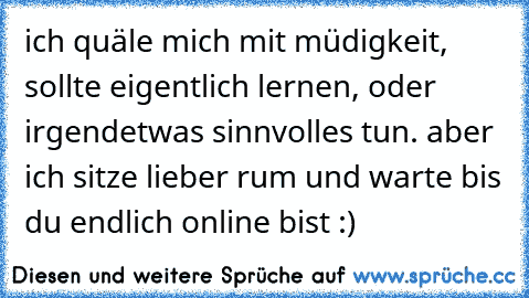 ich quäle mich mit müdigkeit, sollte eigentlich lernen, oder irgendetwas sinnvolles tun. aber ich sitze lieber rum und warte bis du endlich online bist :)