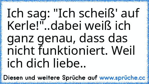 Ich sag: "Ich scheiß' auf Kerle!"
..dabei weiß ich ganz genau, dass das nicht funktioniert. 
Weil ich dich liebe..