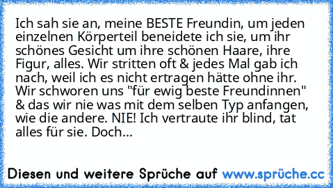 Ich sah sie an, meine BESTE Freundin, um jeden einzelnen Körperteil beneidete ich sie, um ihr schönes Gesicht um ihre schönen Haare, ihre Figur, alles. Wir stritten oft & jedes Mal gab ich nach, weil ich es nicht ertragen hätte ohne ihr. Wir schworen uns "für ewig beste Freundinnen" & das wir nie was mit dem selben Typ anfangen, wie die andere. NIE! Ich vertraute ihr blind, tat alles für sie. D...