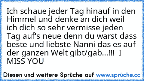 Ich schaue jeder Tag hinauf in den Himmel und denke an dich weil ich dich so sehr vermisse jeden Tag auf's neue denn du warst dass beste und liebste Nanni das es auf der ganzen Welt gibt/gab...!!! ♥ I MISS YOU ♥