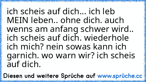 ich scheis auf dich... ich leb MEIN leben.. ohne dich. auch wenns am anfang schwer wird.. ich scheis auf dich. wiederhole ich mich? nein sowas kann ich garnich. wo warn wir? ich scheis auf dich.