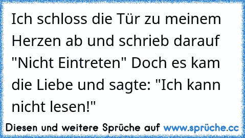 Ich schloss die Tür zu meinem Herzen ab und schrieb darauf "Nicht Eintreten" Doch es kam die Liebe und sagte: "Ich kann nicht lesen!"