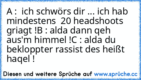 A :  ich schwörs dir ... ich hab mindestens  20 headshoots griagt !
B : alda dann qeh aus'm himmel !
C : alda du bekloppter rassist des heißt haqel !