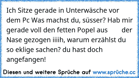 Ich Sitze gerade in Unterwäsche vor dem Pc
 Was machst du, süsser?
 Hab mir gerade voll den fetten Popel aus        der Nase gezogen
 iiiih, warum erzählst du so eklige sachen?
 du hast doch angefangen!