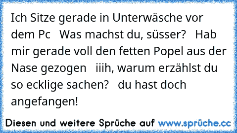 Ich Sitze gerade in Unterwäsche vor dem Pc   Was machst du, süsser?   Hab mir gerade voll den fetten Popel aus der Nase gezogen   iiih, warum erzählst du so ecklige sachen?   du hast doch angefangen!