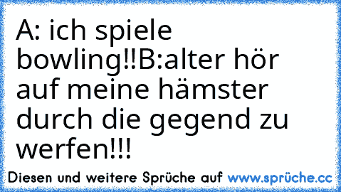 A: ich spiele bowling!!
B:alter hör auf meine hämster durch die gegend zu werfen!!!