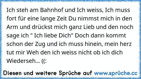 Ich steh am Bahnhof und Ich weiss, Ich muss fort für eine lange Zeit Du nimmst mich in den Arm und drückst mich ganz Lieb und den noch sage ich " Ich liebe Dich" Doch dann kommt schon der Zug und ich muss hinein, mein herz tut mir Weh den ich weiss nicht ob ich dich Wiederseh... ((: