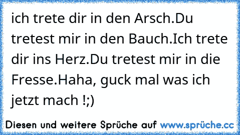 ich trete dir in den Arsch.
Du tretest mir in den Bauch.
Ich trete dir ins Herz.
Du tretest mir in die Fresse.
Haha, guck mal was ich jetzt mach !
;)