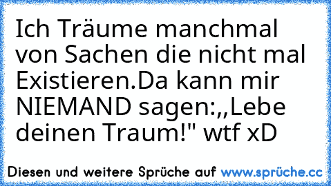 Ich Träume manchmal von Sachen die nicht mal Existieren.
Da kann mir NIEMAND sagen:,,Lebe deinen Traum!" 
wtf xD