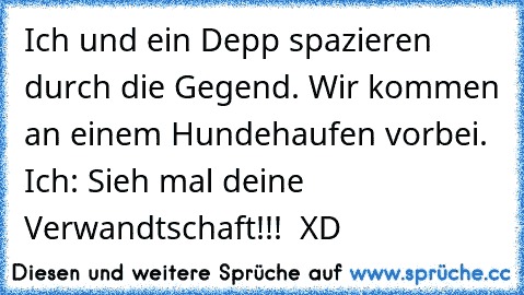 Ich und ein Depp spazieren durch die Gegend. Wir kommen an einem Hundehaufen vorbei. Ich: Sieh mal deine Verwandtschaft!!!  XD