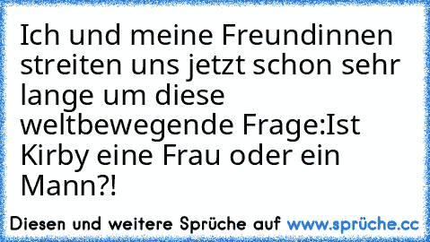 Ich und meine Freundinnen streiten uns jetzt schon sehr lange um diese weltbewegende Frage:
Ist Kirby eine Frau oder ein Mann?!