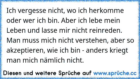 Ich vergesse nicht, wo ich herkomme oder wer ich bin. Aber ich lebe mein Leben und lasse mir nicht reinreden. Man muss mich nicht verstehen, aber so akzeptieren, wie ich bin - anders kriegt man mich nämlich nicht.