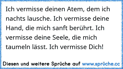 Ich vermisse deinen Atem, dem ich nachts lausche. Ich vermisse deine Hand, die mich sanft berührt. Ich vermisse deine Seele, die mich taumeln lässt. Ich vermisse Dich!