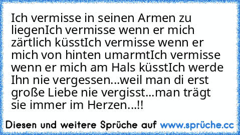 Ich vermisse in seinen Armen zu liegen
Ich vermisse wenn er mich zärtlich küsst
Ich vermisse wenn er mich von hinten umarmt
Ich vermisse wenn er mich am Hals küsst
Ich werde Ihn nie vergessen...weil man di erst große Liebe nie vergisst...man trägt sie immer im Herzen...!!