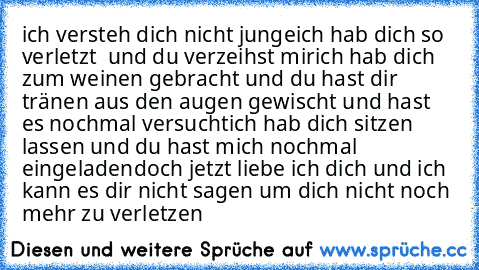 ich versteh dich nicht junge
ich hab dich so verletzt  und du verzeihst mir
ich hab dich zum weinen gebracht und du hast dir tränen aus den augen gewischt und hast es nochmal versucht
ich hab dich sitzen lassen und du hast mich nochmal eingeladen
doch jetzt liebe ich dich und ich kann es dir nicht sagen um dich nicht noch mehr zu verletzen