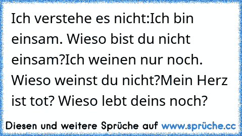 Ich verstehe es nicht:
Ich bin einsam. Wieso bist du nicht einsam?
Ich weinen nur noch. Wieso weinst du nicht?
Mein Herz ist tot? Wieso lebt deins noch?