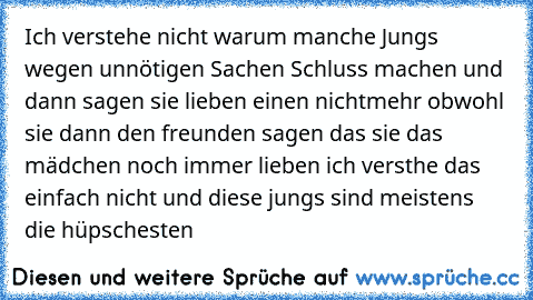 Ich verstehe nicht warum manche Jungs wegen unnötigen Sachen Schluss machen und dann sagen sie lieben einen nichtmehr obwohl sie dann den freunden sagen das sie das mädchen noch immer lieben ich versthe das einfach nicht und diese jungs sind meistens die hüpschesten