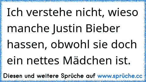 Ich verstehe nicht, wieso manche Justin Bieber hassen, obwohl sie doch ein nettes Mädchen ist.