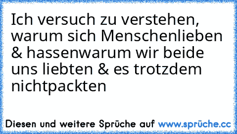 Ich versuch zu verstehen, warum sich Menschen
lieben & hassen
warum wir beide uns liebten & es trotzdem nicht
packten