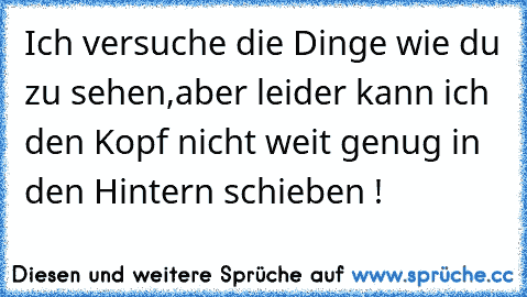 Ich versuche die Dinge wie du zu sehen,aber leider kann ich den Kopf nicht weit genug in den Hintern schieben !