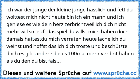 ich war der junge der kleine junge hässlich und fett du wolttest mich nicht heute bin ich ein mann und ich geniese es wie dein herz zerbricht
weil ich dich nicht mehr will so leuft das spiel du willst mich haben doch damals hattest
du mich verraten heute lache ich du weinst und hoffst das ich dich tröste und beschützte doch es gibt andere die es 100mal mehr verdint haben als du den du bist fals...