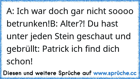 A: Ich war doch gar nicht soooo betrunken!
B: Alter?! Du hast unter jeden Stein geschaut und gebrüllt: Patrick ich find dich schon!