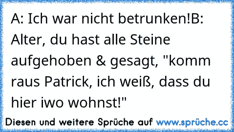 A: Ich war nicht betrunken!
B: Alter, du hast alle Steine aufgehoben & gesagt, "komm raus Patrick, ich weiß, dass du hier iwo wohnst!"