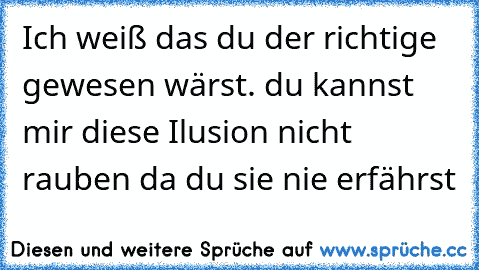 Ich weiß das du der richtige gewesen wärst. du kannst mir diese Ilusion nicht rauben da du sie nie erfährst