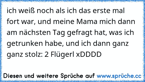 ich weiß noch als ich das erste mal fort war, und meine Mama mich dann am nächsten Tag gefragt hat, was ich getrunken habe, und ich dann ganz ganz stolz: 2 Flügerl xDDDD