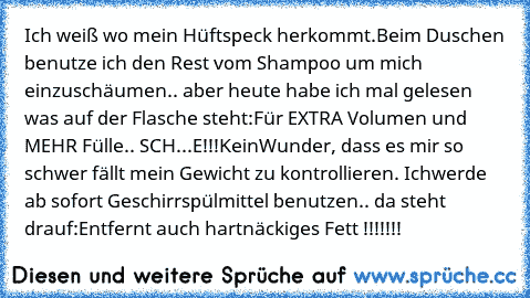 Ich weiß wo mein Hüftspeck herkommt.
Beim Duschen benutze ich den Rest vom Shampoo um mich einzuschäumen.. aber heute habe ich mal gelesen was auf der Flasche steht:
Für EXTRA Volumen und MEHR Fülle.. SCH...E!!!
Kein
Wunder, dass es mir so schwer fällt mein Gewicht zu kontrollieren. Ich
werde ab sofort Geschirrspülmittel benutzen.. da steht drauf:
Entfernt auch hartnäckiges Fett !!!!!!!