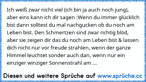 Ich weiß zwar nicht viel (ich bin ja auch noch jung), aber eins kann ich dir sagen :
Wenn du immer glücklich bist dann solltest du mal nachgucken ob du noch am Leben bist. Den Schmertzen sind zwar richtig blöd, aber sie zeigen dir das du noch am Leben bist & lassen dich nicht nur vor freude strahlen, wenn der ganze Himmel leuchtet sonder auch dan, wenn nur ein einziger winziger Sonnenstrahl am ...