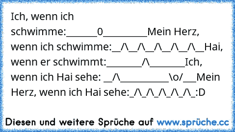 Ich, wenn ich schwimme:
_______0__________
Mein Herz, wenn ich schwimme:
__/\__/\__/\__/\__/\__
Hai, wenn er schwimmt:
________/\________
Ich, wenn ich Hai sehe: 
__/\___________\o/___
Mein Herz, wenn ich Hai sehe:
_/\_/\_/\_/\_/\_
:D