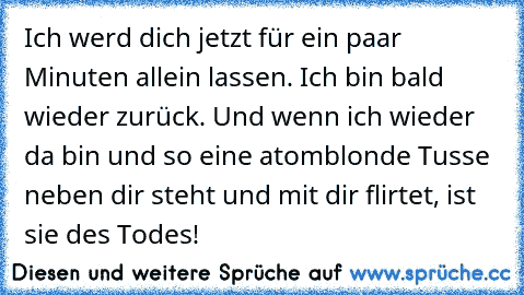 Ich werd dich jetzt für ein paar Minuten allein lassen. Ich bin bald wieder zurück. Und wenn ich wieder da bin und so eine atomblonde Tusse neben dir steht und mit dir flirtet, ist sie des Todes!