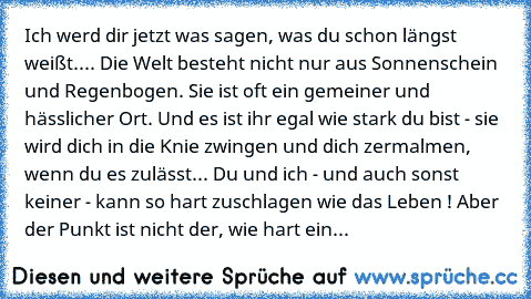 Ich werd dir jetzt was sagen, was du schon längst weißt.... Die Welt besteht nicht nur aus Sonnenschein und Regenbogen. Sie ist oft ein gemeiner und hässlicher Ort. Und es ist ihr egal wie stark du bist - sie wird dich in die Knie zwingen und dich zermalmen, wenn du es zulässt... Du und ich - und auch sonst keiner - kann so hart zuschlagen wie das Leben ! Aber der Punkt ist nicht der, wie hart ...