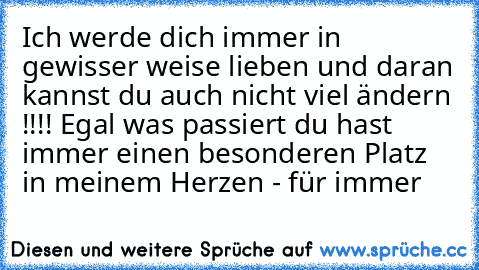 Ich werde dich immer in gewisser weise lieben und daran kannst du auch nicht viel ändern !!!! Egal was passiert du hast immer einen besonderen Platz in meinem Herzen - für immer ♥