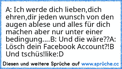 A: Ich werde dich lieben,dich ehren,dir jeden wunsch von den augen ablese und alles für dich machen aber nur unter einer bedingung....
B: Und die wäre??
A: Lösch dein Facebook Account?!
B Und tschüs!
like:D