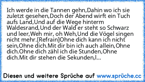 Ich werde in die Tannen gehn,
Dahin wo ich sie zuletzt gesehen,
Doch der Abend wirft ein Tuch aufs Land,
Und auf die Wege hinterm Waldesrand,
Und der Wald er steht so Schwarz und leer,
Weh mir, oh Weh,
Und die Vögel singen nicht mehr.
[Refrain]
Ohne dich kann ich nicht sein,
Ohne dich.
Mit dir bin ich auch allein,
Ohne dich.
Ohne dich zähl ich die Stunden,
Ohne dich.
Mit dir stehen die Sekunden,
l...