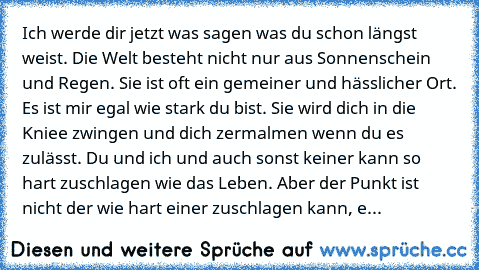 Ich werde dir jetzt was sagen was du schon längst weist. Die Welt besteht nicht nur aus Sonnenschein und Regen. Sie ist oft ein gemeiner und hässlicher Ort. Es ist mir egal wie stark du bist. Sie wird dich in die Kniee zwingen und dich zermalmen wenn du es zulässt. Du und ich und auch sonst keiner kann so hart zuschlagen wie das Leben. Aber der Punkt ist nicht der wie hart einer zuschlagen kann...