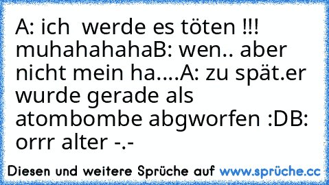 A: ich  werde es töten !!! muhahahaha
B: wen.. aber nicht mein ha....
A: zu spät.er wurde gerade als atombombe abgworfen :D
B: orrr alter -.-