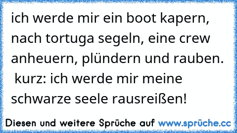 ich werde mir ein boot kapern, nach tortuga segeln, eine crew anheuern, plündern und rauben.  kurz: ich werde mir meine schwarze seele rausreißen!