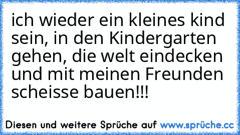 ich wieder ein kleines kind sein, in den Kindergarten gehen, die welt eindecken und mit meinen Freunden scheisse bauen!!!