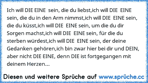 Ich will DIE EINE  sein, die du liebst,
ich will DIE  EINE sein, die du in den Arm nimmst,
ich will DIE  EINE sein, die du küsst,
ich will DIE  EINE sein, um die du dir Sorgen machst,
ich will DIE  EINE sein, für die du sterben würdest,
ich will DIE  EINE sein, der deine Gedanken gehören,
ich bin zwar hier bei dir und DEIN, aber nicht DIE EINE, denn DIE ist fortgegangen mit deinem Herzen...