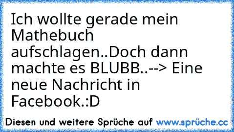 Ich wollte gerade mein Mathebuch aufschlagen..Doch dann machte es BLUBB..♥
--> Eine neue Nachricht in Facebook.:D