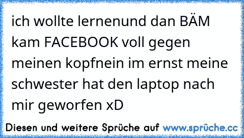 ich wollte lernen
und dan BÄM kam FACEBOOK voll gegen meinen kopf
nein im ernst meine schwester hat den laptop nach mir geworfen xD