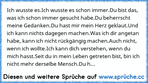 Ich wusste es.
Ich wusste es schon immer.
Du bist das, was ich schon immer gesucht habe.
Du beherrscht meine Gedanken.
Du hast mir mein Herz geklaut.
Und ich kann nichts dagegen machen.
Was ich dir angetan habe, kann ich nicht rückgängig machen.
Auch nicht, wenn ich wollte.
Ich kann dich verstehen, wenn du mich hasst.
Seit du in mein Leben getreten bist, bin ich nicht mehr derselbe Mensch.
Du h...